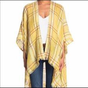 One Size High-Low Free People Reverie Plaid Kimono Cover-up Yellow Linen Cotton